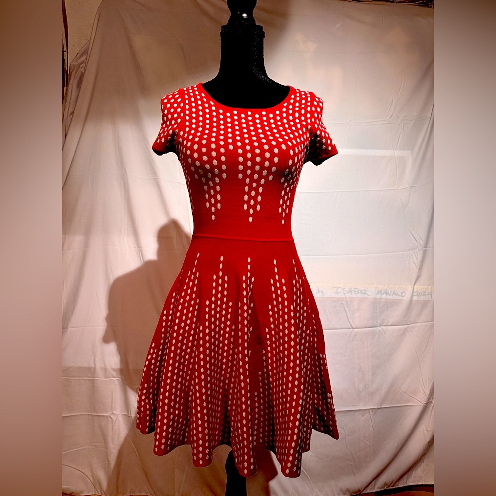 MIU MIU fit and flare heavy gauge knit dress as S in cherry red with white dots.